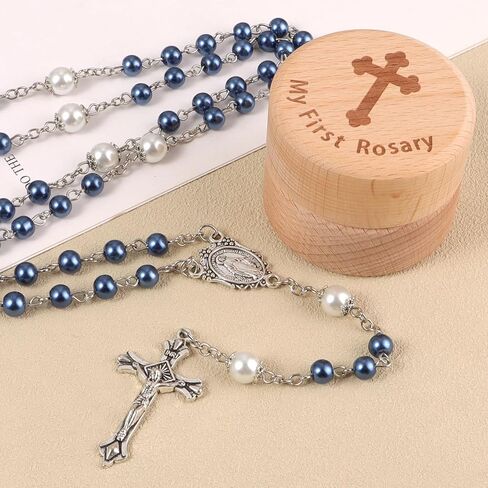 My First Rosary Baptism Gifts Rosary Catholic Keepsake Box for Baby Shower First Communion Christian Beads Gifting Set (Blue) in Kuwait