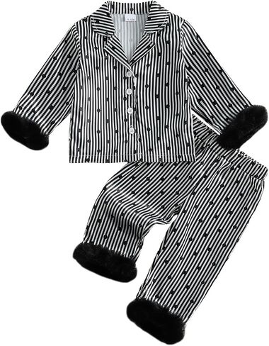 Kuriozud Toddler Little Girl Pajamas Fur Cuffs Dot Striped Tops Pants Set | Toddler Girl Pajamas Feather Trim Dots Bow Button Up Top Pants Cute Baby Sleepwear Silk Pajamas For Little Girls in Kuwait