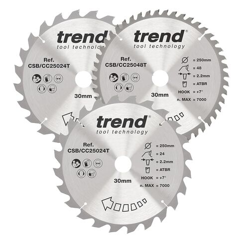 Trend Wood Cordless Mitre Saw Blade, 250mm Diameter, 30mm Bore, 24/48 Teeth, 2.2mm Kerf, +7° Hook, TCT, Coarse/Medium Finish, 3 Pack, CSB/CC250/3/A in Kuwait
