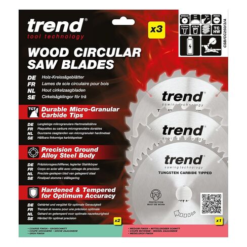 Trend Wood Cordless Mitre Saw Blade, 250mm Diameter, 30mm Bore, 24/48 Teeth, 2.2mm Kerf, +7° Hook, TCT, Coarse/Medium Finish, 3 Pack, CSB/CC250/3/A in Kuwait
