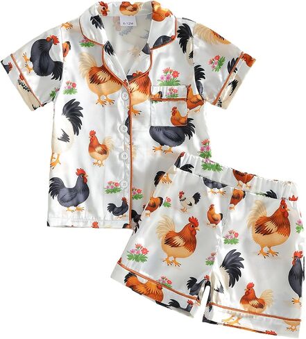 Kuriozud Toddler Baby Boy Girl Silk Stain Pajamas Set Summer Short Sleeve Button Down Shirt Top and Shorts 2pcs Pjs Sets in Kuwait