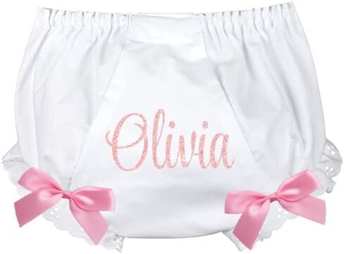 Karrie Sue's Personalized White Eyelet Baby Bloomers with Pink name and bows Boutique in Kuwait