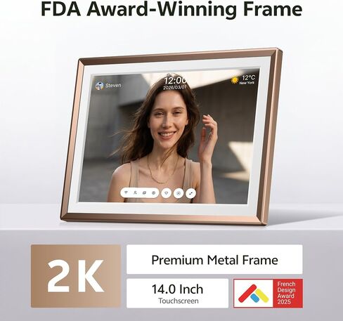 ARZOPA 2K Digital Picture Frame 14 Inch Free Cloud Storage No Subscription QHD Anti-Glare Touchscreen Metal Frame Load Photos Videos from Phone Ideal for Gifting - D14Pro Mocha Brown in Kuwait