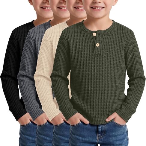 4 Pack Toddler Boys Henley Long Sleeve Shirts, Waffle Cotton Tees for Baby Boy Fall Winter Kids Casual Basic Tops in Kuwait