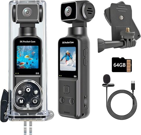 Wearable Body Camera with 270° Rotatable Lens for POV Vlogging, 5K Clip-On Pocket Cam for Cycling, Travel and Daily Life, with External Mic, 64GB TF Card and Waterproof Case in Kuwait