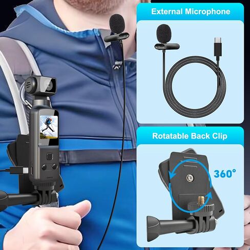 Wearable Body Camera with 270° Rotatable Lens for POV Vlogging, 5K Clip-On Pocket Cam for Cycling, Travel and Daily Life, with External Mic, 64GB TF Card and Waterproof Case in Kuwait