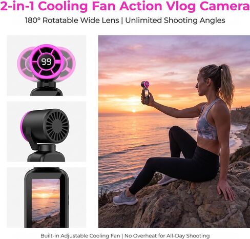 Sports Handheld Camera Shooting Recorder with Built-in Portable Fan, Waterproof 180° Action Camera, 2-in-1 Vlog Camera with Long Battery Life, Shoot First & Frame Later, Universal Mount in Kuwait