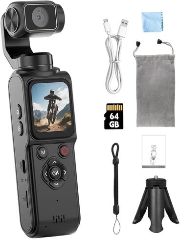 4K Vlogging Camera with 330° Rotating Lens & Face Tracking, 65MP Pocket Camera with WiFi, 6-Axis Stabilization, Touch Screen, 64GB TF Card & Tripod, Handheld POV Cam for YouTube TikTok Travel in Kuwait