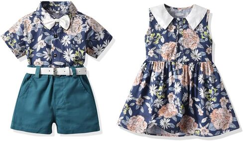 AWIBMK Brother and Sister Matching Outfits Sibling Clothes Girls Floral Dress Boys Bowtie Shirt Shorts Gentleman Suit in Kuwait