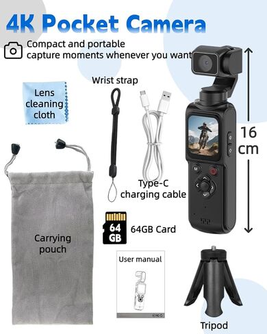 4K Vlogging Camera with 330° Rotating Lens & Face Tracking, 65MP Pocket Camera with WiFi, 6-Axis Stabilization, Touch Screen, 64GB TF Card & Tripod, Handheld POV Cam for YouTube TikTok Travel in Kuwait
