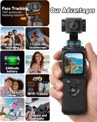 4K Vlogging Camera with 330° Rotating Lens & Face Tracking, 65MP Pocket Camera with WiFi, 6-Axis Stabilization, Touch Screen, 64GB TF Card & Tripod, Handheld POV Cam for YouTube TikTok Travel in Kuwait