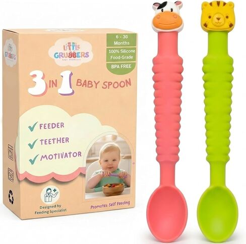 3-in-1 Silicone Baby Spoon Self Feeding 6+ Months - Pediatric OT Designed Teether Spoon, BPA Free Toddler Utensils, Mess-Free, Fun for Baby Led Weaning Supplies, Cow & Tiger in Kuwait