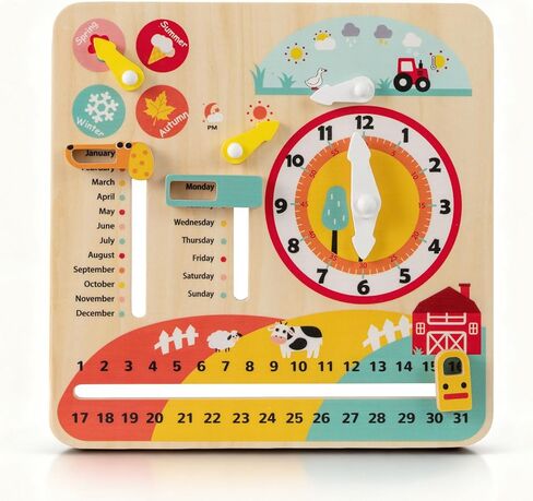HONEY JOY Montessori Busy Board, Wooden Toddler Calendar w/Clock, Seasons, Weathers, Days, Weeks, Months, Sensory Fidget Activity Board for Fine Motor Skills, Travel Baby Learning Toys for Preschool in Kuwait