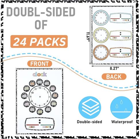 Frienda 24 Pack Composition Telling Time Teaching Sheets Dry Erase Learning Time 11.69" x 8.27" Double Sided Clock Practice Cardboard for Kids Clock Study Homeschooling Teacher Classroom Supplies Gift in Kuwait