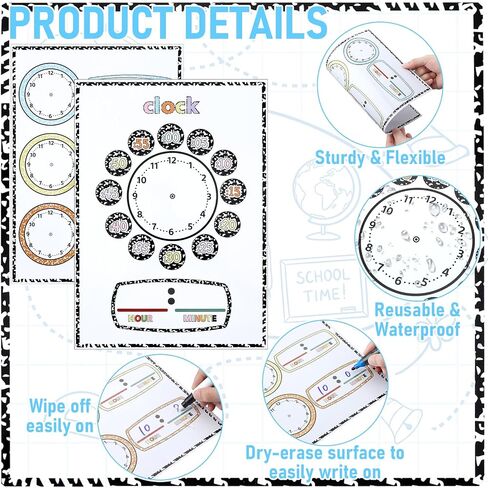 Frienda 24 Pack Composition Telling Time Teaching Sheets Dry Erase Learning Time 11.69" x 8.27" Double Sided Clock Practice Cardboard for Kids Clock Study Homeschooling Teacher Classroom Supplies Gift in Kuwait