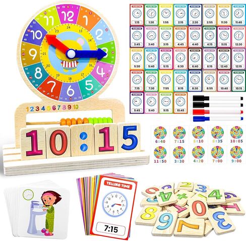 Wooden Teaching Clocks for Kids, Analog Clock Time Learning Activity Toy | write-and-wipe Practice Cards and dry Erase Mark Pens, Supplies Classroom Homeschool Essentials in Kuwait