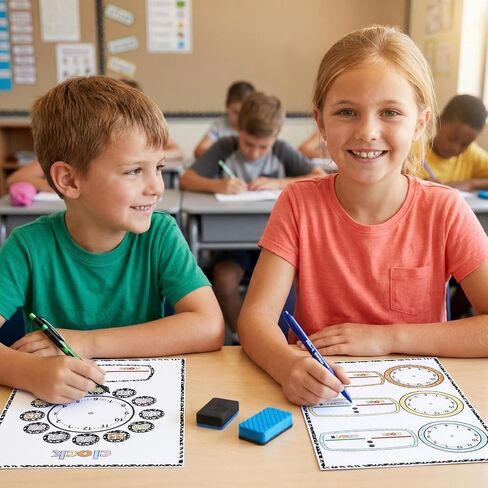 Frienda 24 Pack Composition Telling Time Teaching Sheets Dry Erase Learning Time 11.69" x 8.27" Double Sided Clock Practice Cardboard for Kids Clock Study Homeschooling Teacher Classroom Supplies Gift in Kuwait