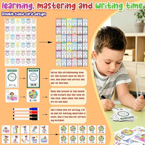 Wooden Teaching Clocks for Kids, Analog Clock Time Learning Activity Toy | write-and-wipe Practice Cards and dry Erase Mark Pens, Supplies Classroom Homeschool Essentials in Kuwait