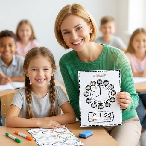 Frienda 24 Pack Composition Telling Time Teaching Sheets Dry Erase Learning Time 11.69" x 8.27" Double Sided Clock Practice Cardboard for Kids Clock Study Homeschooling Teacher Classroom Supplies Gift in Kuwait