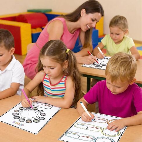 Frienda 24 Pack Composition Telling Time Teaching Sheets Dry Erase Learning Time 11.69" x 8.27" Double Sided Clock Practice Cardboard for Kids Clock Study Homeschooling Teacher Classroom Supplies Gift in Kuwait