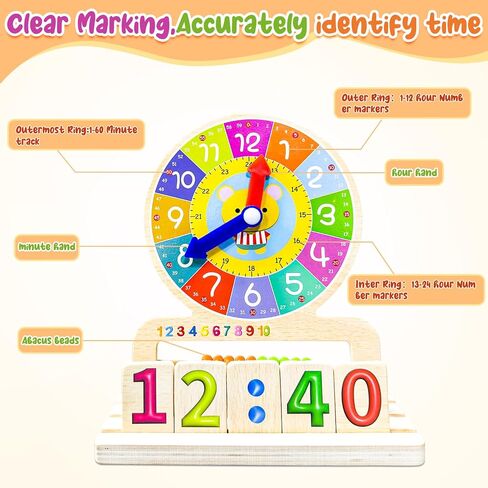 Wooden Teaching Clocks for Kids, Analog Clock Time Learning Activity Toy | write-and-wipe Practice Cards and dry Erase Mark Pens, Supplies Classroom Homeschool Essentials in Kuwait