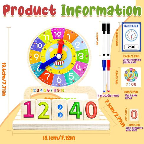 Wooden Teaching Clocks for Kids, Analog Clock Time Learning Activity Toy | write-and-wipe Practice Cards and dry Erase Mark Pens, Supplies Classroom Homeschool Essentials in Kuwait