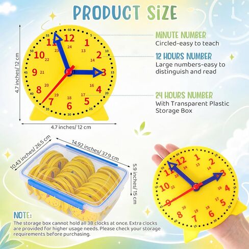 Batiyeer 38 Pcs Time Teaching Clock Kit with Storage Box for Kids 4.7" Mini Geared Clock Toy Bulk Classroom Set for Teaching Time Resources in Saudi Arabia
