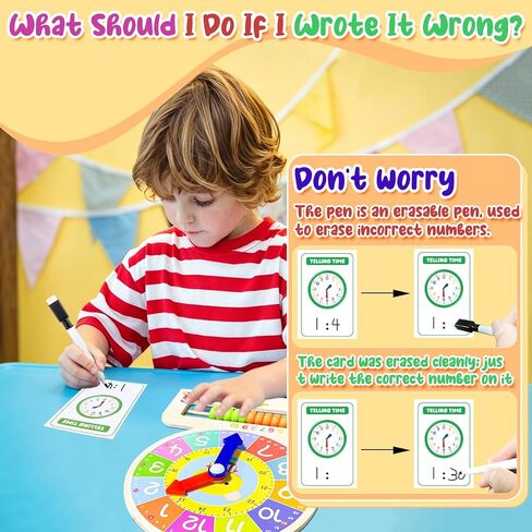 Wooden Teaching Clocks for Kids, Analog Clock Time Learning Activity Toy | write-and-wipe Practice Cards and dry Erase Mark Pens, Supplies Classroom Homeschool Essentials in Kuwait