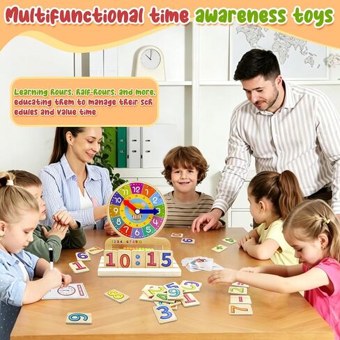 Wooden Teaching Clocks for Kids, Analog Clock Time Learning Activity Toy | write-and-wipe Practice Cards and dry Erase Mark Pens, Supplies Classroom Homeschool Essentials in Kuwait