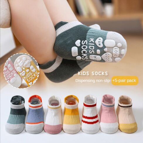 Toddler Grip Socks Non-Slip with Grips Cotton Crew Ankle Walking Socks for Babies Boys Girls 1-3T Kids 5 Pairs in Kuwait