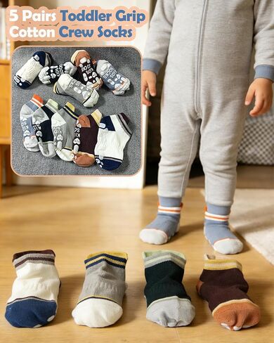 Toddler Grip Socks Non-Slip with Grips Cotton Crew Ankle Walking Socks for Babies Boys Girls 1-3T Kids 5 Pairs in Kuwait