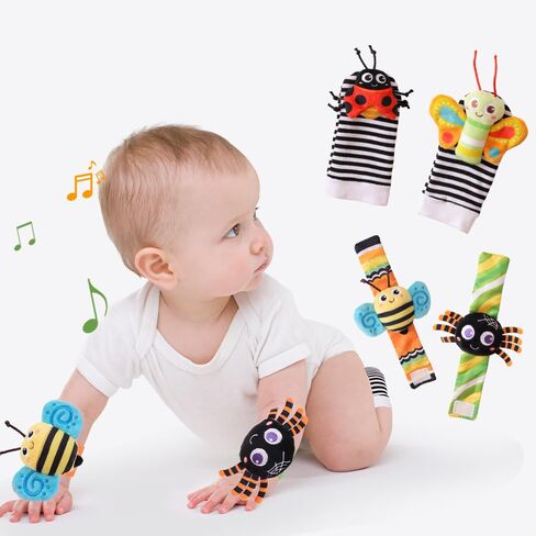 Baby Wrist Rattles and Foot Finder Socks Set, Soft Sensory Toys with Animal Characters, 4 Piece, for Newborns and Infants (Green Insect Socks) in Kuwait