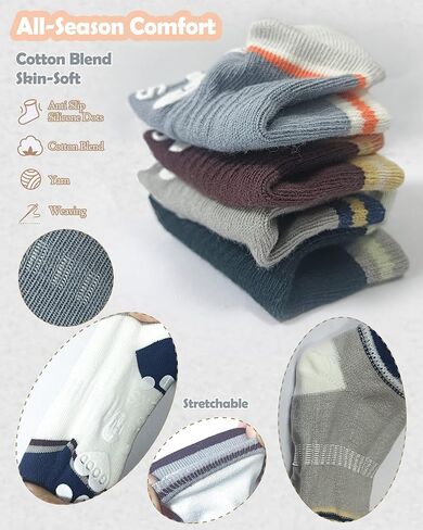 Toddler Grip Socks Non-Slip with Grips Cotton Crew Ankle Walking Socks for Babies Boys Girls 1-3T Kids 5 Pairs in Kuwait