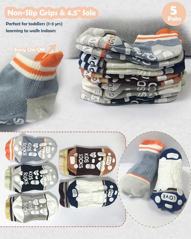 Toddler Grip Socks Non-Slip with Grips Cotton Crew Ankle Walking Socks for Babies Boys Girls 1-3T Kids 5 Pairs in Kuwait
