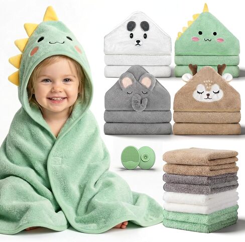 14 PCS Baby Bath Towels Set with 4 PCS Hooded Baby Towels, 8 PCS Washcloths & 2PCS Bath Brush for Infants & Toddlers, Ultra Absorbent Newborn Bath Essentials Gift for Boys & Girls in Kuwait