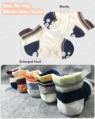 Toddler Grip Socks Non-Slip with Grips Cotton Crew Ankle Walking Socks for Babies Boys Girls 1-3T Kids 5 Pairs in Kuwait