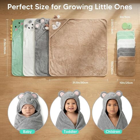 14 PCS Baby Bath Towels Set with 4 PCS Hooded Baby Towels, 8 PCS Washcloths & 2PCS Bath Brush for Infants & Toddlers, Ultra Absorbent Newborn Bath Essentials Gift for Boys & Girls in Kuwait
