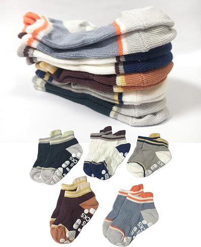 Toddler Grip Socks Non-Slip with Grips Cotton Crew Ankle Walking Socks for Babies Boys Girls 1-3T Kids 5 Pairs in Kuwait