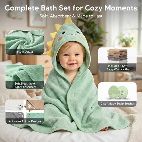14 PCS Baby Bath Towels Set with 4 PCS Hooded Baby Towels, 8 PCS Washcloths & 2PCS Bath Brush for Infants & Toddlers, Ultra Absorbent Newborn Bath Essentials Gift for Boys & Girls in Kuwait