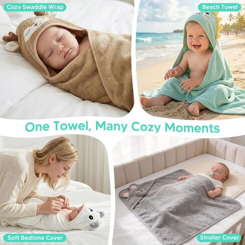 14 PCS Baby Bath Towels Set with 4 PCS Hooded Baby Towels, 8 PCS Washcloths & 2PCS Bath Brush for Infants & Toddlers, Ultra Absorbent Newborn Bath Essentials Gift for Boys & Girls in Kuwait