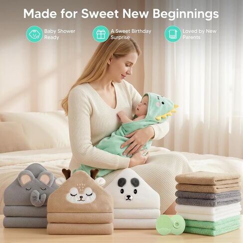 14 PCS Baby Bath Towels Set with 4 PCS Hooded Baby Towels, 8 PCS Washcloths & 2PCS Bath Brush for Infants & Toddlers, Ultra Absorbent Newborn Bath Essentials Gift for Boys & Girls in Kuwait