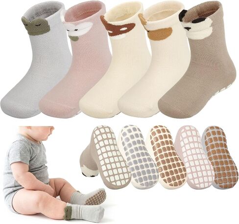 Jspupifip 5 Pairs Toddler Non Slip Floor Socks Cute 3D Cartoon Animal | Soft breathable cotton fabric, grid anti-slip silicone sole for safe crawling, 3D animal ear design, stretch crew cuff in Kuwait