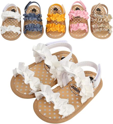Baby Girl Sandals Soft Sole First Walker Shoes Non Slip Toddler Summer Sandals Adjustable Strap Infant Walking Shoes Ruffle Bow Baby Dress Sandals for 0-18 Months in Kuwait