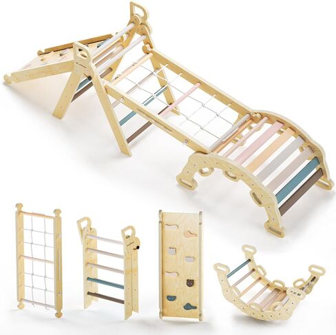 BlueWood 10-in-1 Pikler Triangle Set, Toddler Climbing Toys Indoor, Montessori Climber, Baby Jungle Gyms with Arch, Extra Rope Ladder & Footprint Balance Beam - Neon Aurora in Kuwait
