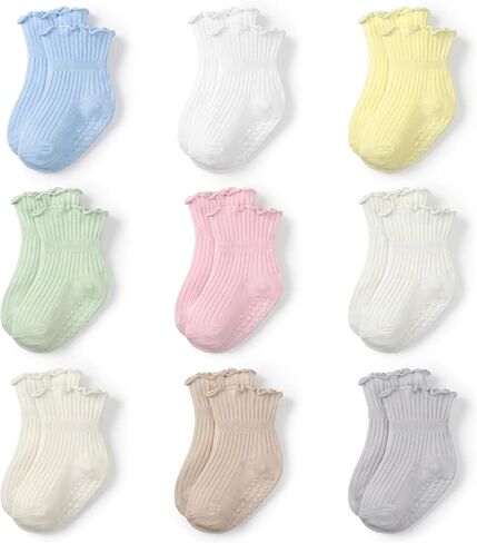 9 Pairs Toddler Ruffle Cotton Non Slip Socks Baby Boys Girls 1-3T | Soft Breathable Cotton Fabric, Gentle Ruffle Cuffs, Anti Slip Dots for Safe Crawling Walking, Multiple Macaron Shades in Kuwait