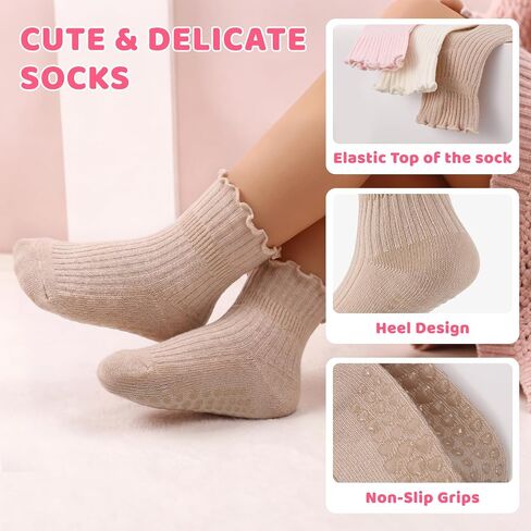 9 Pairs Toddler Ruffle Cotton Non Slip Socks Baby Boys Girls 1-3T | Soft Breathable Cotton Fabric, Gentle Ruffle Cuffs, Anti Slip Dots for Safe Crawling Walking, Multiple Macaron Shades in Kuwait