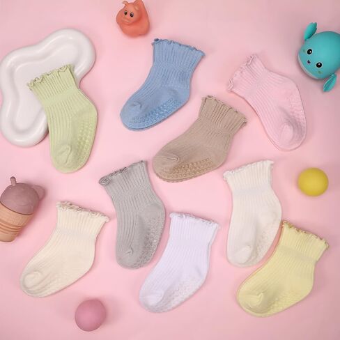 9 Pairs Toddler Ruffle Cotton Non Slip Socks Baby Boys Girls 1-3T | Soft Breathable Cotton Fabric, Gentle Ruffle Cuffs, Anti Slip Dots for Safe Crawling Walking, Multiple Macaron Shades in Kuwait