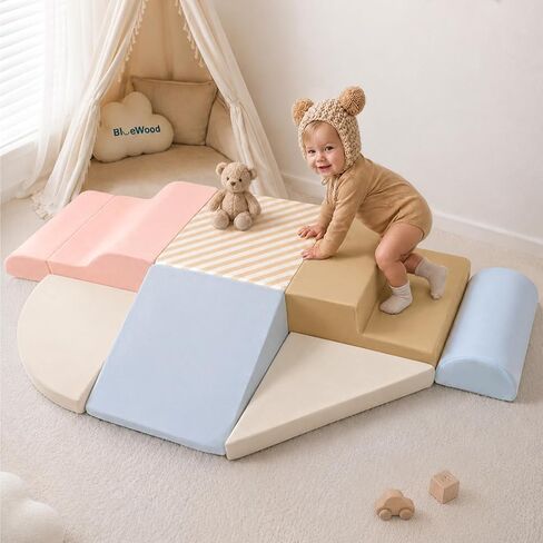 BlueWood Baby Foam Climbing Blocks, 7-Piece Soft Play Set with High-Density Foam, Anti-Slip Climbing Blocks for Toddlers 1-3, Toddler Climbing Toys Indoor for Crawling & Sliding (Blue) in Kuwait