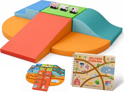 6-Piece Foam Climbing Blocks for Toddlers with Wooden Cars & Sticker Book, Glow in the Dark Race Track Soft Play Set, Indoor Kids Climbing Toys, CertiPUR-US® Foam, PU Leather in Kuwait