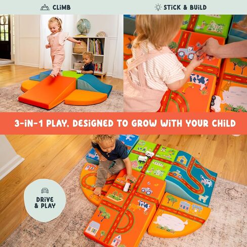 6-Piece Foam Climbing Blocks for Toddlers with Wooden Cars & Sticker Book, Glow in the Dark Race Track Soft Play Set, Indoor Kids Climbing Toys, CertiPUR-US® Foam, PU Leather in Kuwait